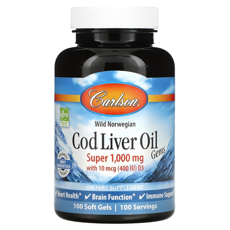 Carlson Labs Cod Liver Oil Super 1000 мг with 10 мкг (400 IU) D3 100 капсул