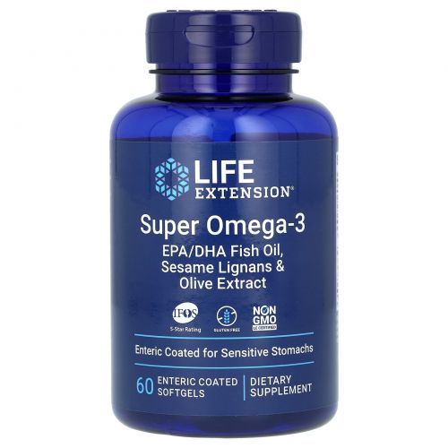 Life Extension Super Omega-3 EPA/DHA Fish Oil, Sesame Lignans & Olive Extract 60 кишечнорастворимых капсул