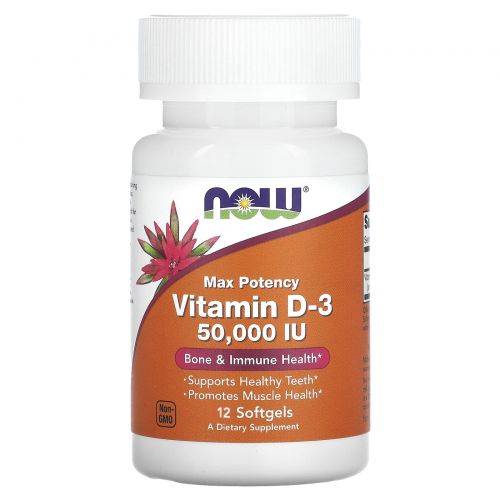NOW Max Potency Vitamin D-3 50000 IU, 12 капсул.