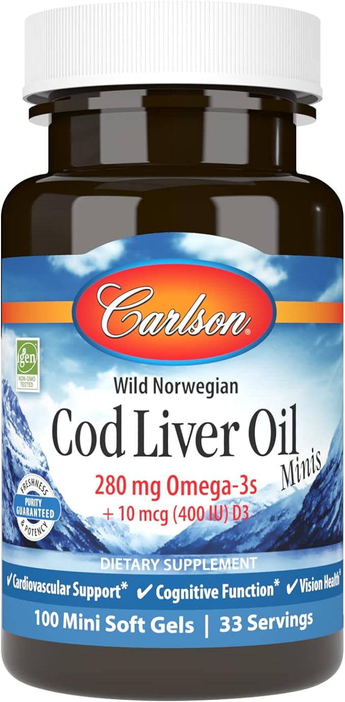 Carlson Labs Norw Cod Liver Oil 280 мг Omega-3s + 10 мкг (400 iu) D3 100 мини капсул
