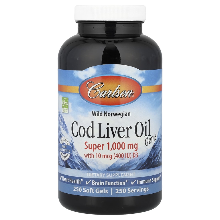 Carlson Labs Cod Liver Oil Super 1000 мг with 10 мкг (400 IU) D3 250 гелевых капсул