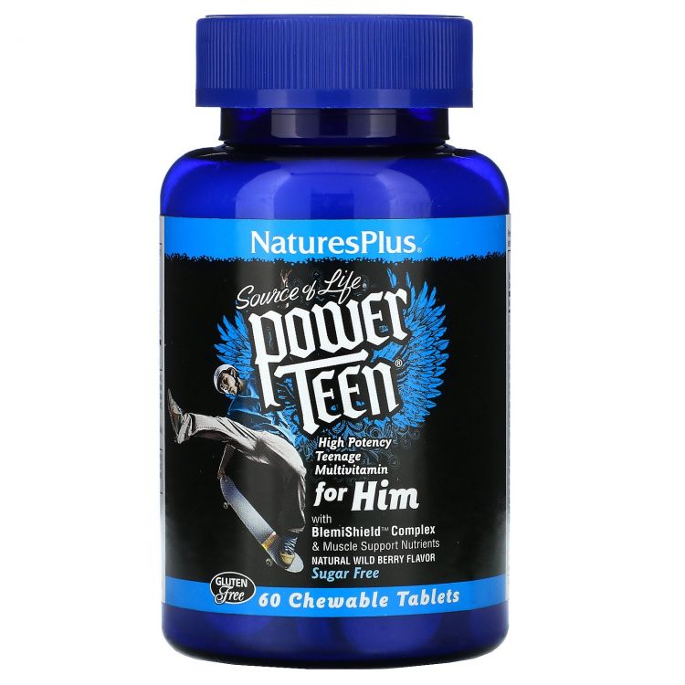 Nature's Plus POWER TEEN (HIS)  сила подростка  для него, без сахара, натуральный вкус дикой ягоды 60 жевательных таблеток