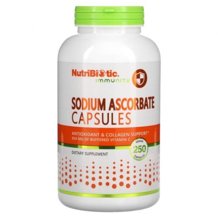 NutriBiotic Sodium ascorbate 850 mg аскорбат натрия, 250 веганских капсул