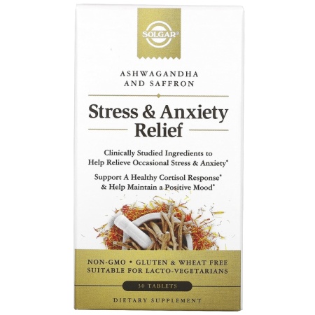 Solgar Stress & Anxiety Relief Снятие стресса и тревоги, ашваганда и шафран, 30 таблеток