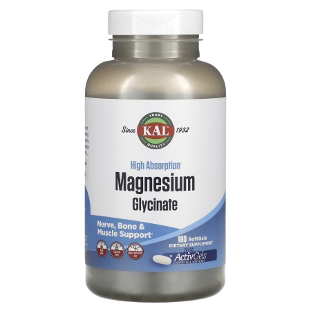 KAL Magnesium Glycinate, высокая абсорбция, 180 активных гелевых капсул