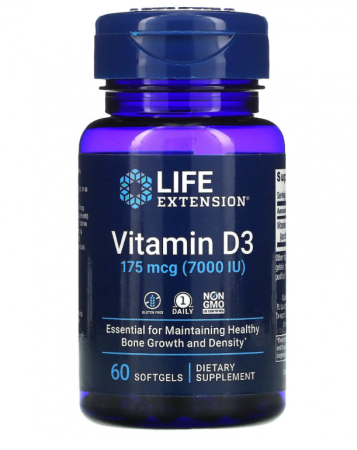 Life Extension, Витамин D3, 175 мкг (7000 МЕ), 60 мягких желатиновых капсул