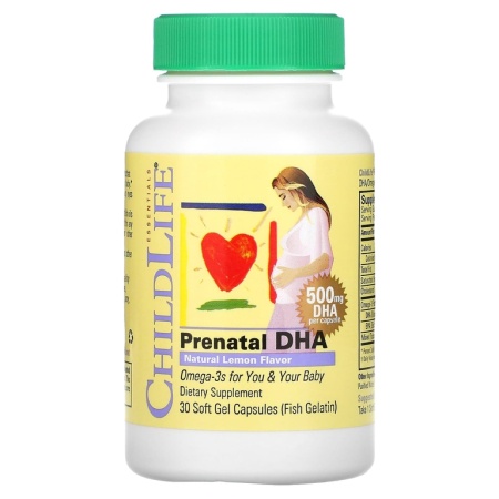 ChildLife, Пренатальная добавка с ДГК, натуральный лимонный вкус, 500 мг, 30 мягких желатиновых капсул